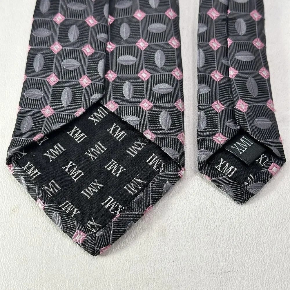 XMI Tie Mens 60 in Italian Silk Charcoal Pink Geometric Diamond Ellipsis Wide